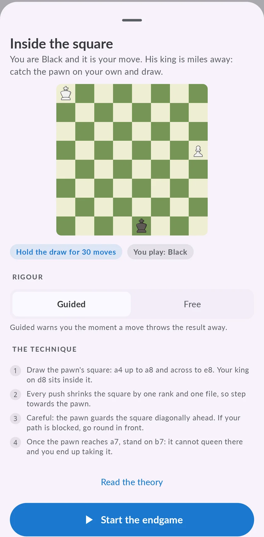 The Inside the square endgame: the goal, a rigour selector between guided and free, and the technique explained in four numbered steps