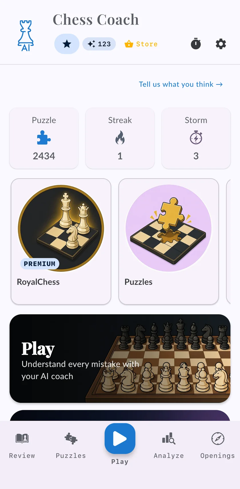 The CheesCoach home screen on an iPhone: puzzle, streak and storm ratings, and the cards for playing, learning and the Practice Lab