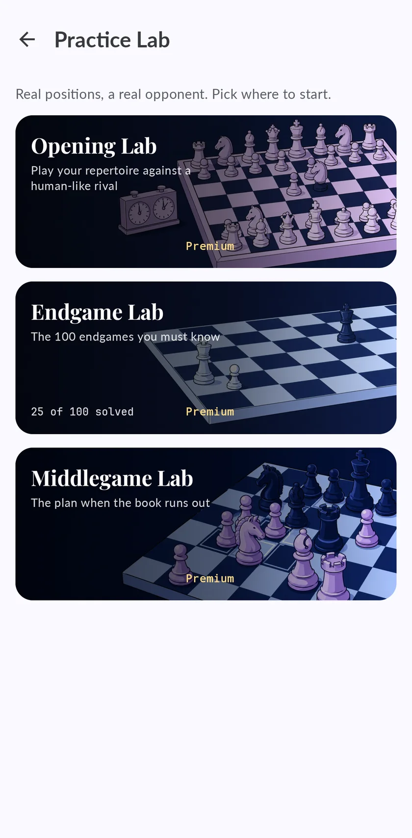 The Practice Lab screen with three cards: Opening Lab, Endgame Lab and Middlegame Lab