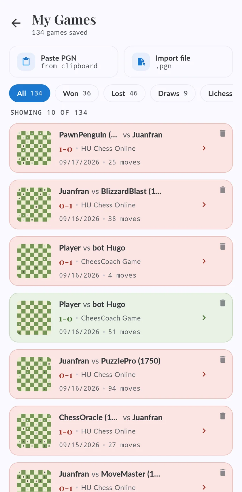 Saved games list with filters for wins, losses, draws and Lichess imports