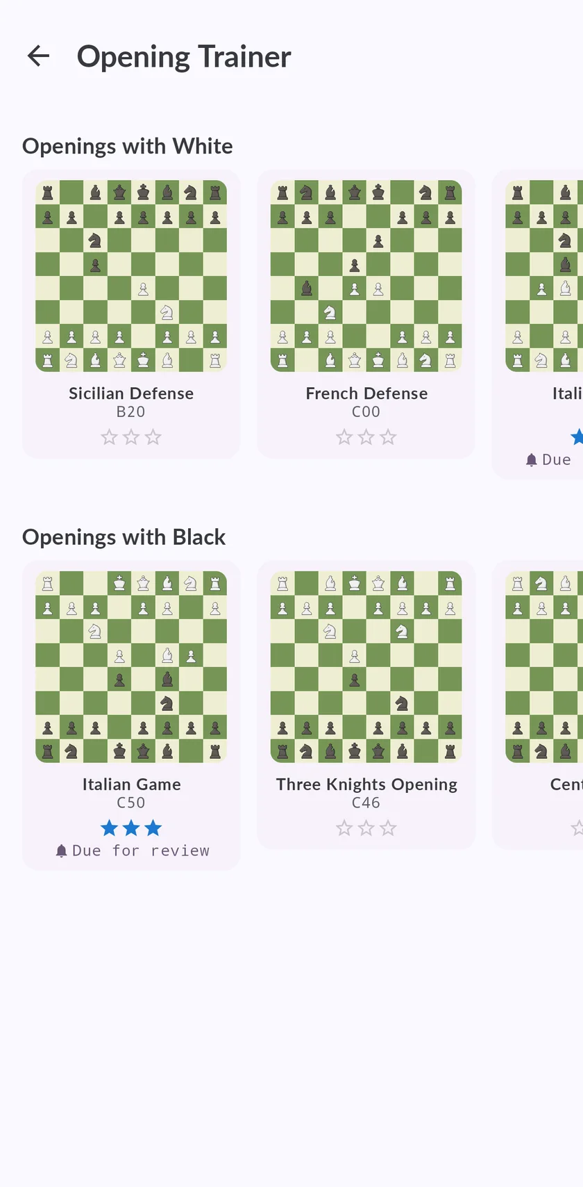 Opening Trainer with a repertoire of openings for White and for Black, each with a star rating and a due-for-review marker