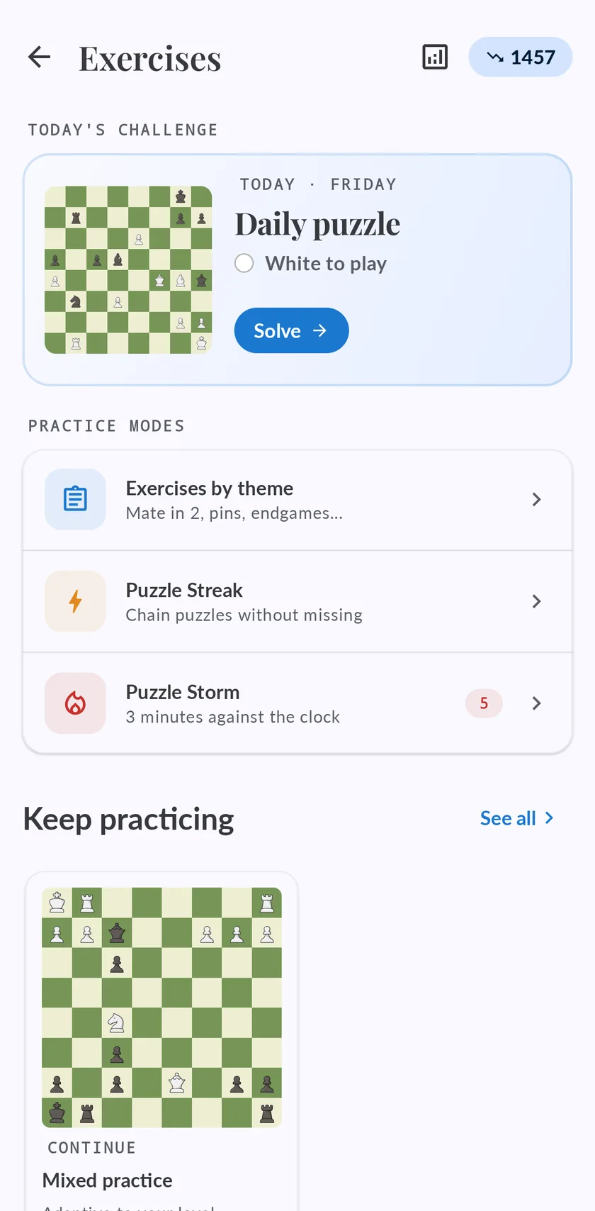The exercises screen with the daily puzzle, puzzles by theme, streak and storm modes